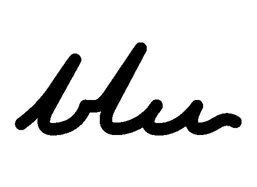 logo blu - słowo blu napisane kursywą, przypominający fale morskie, góry, bicie serca.